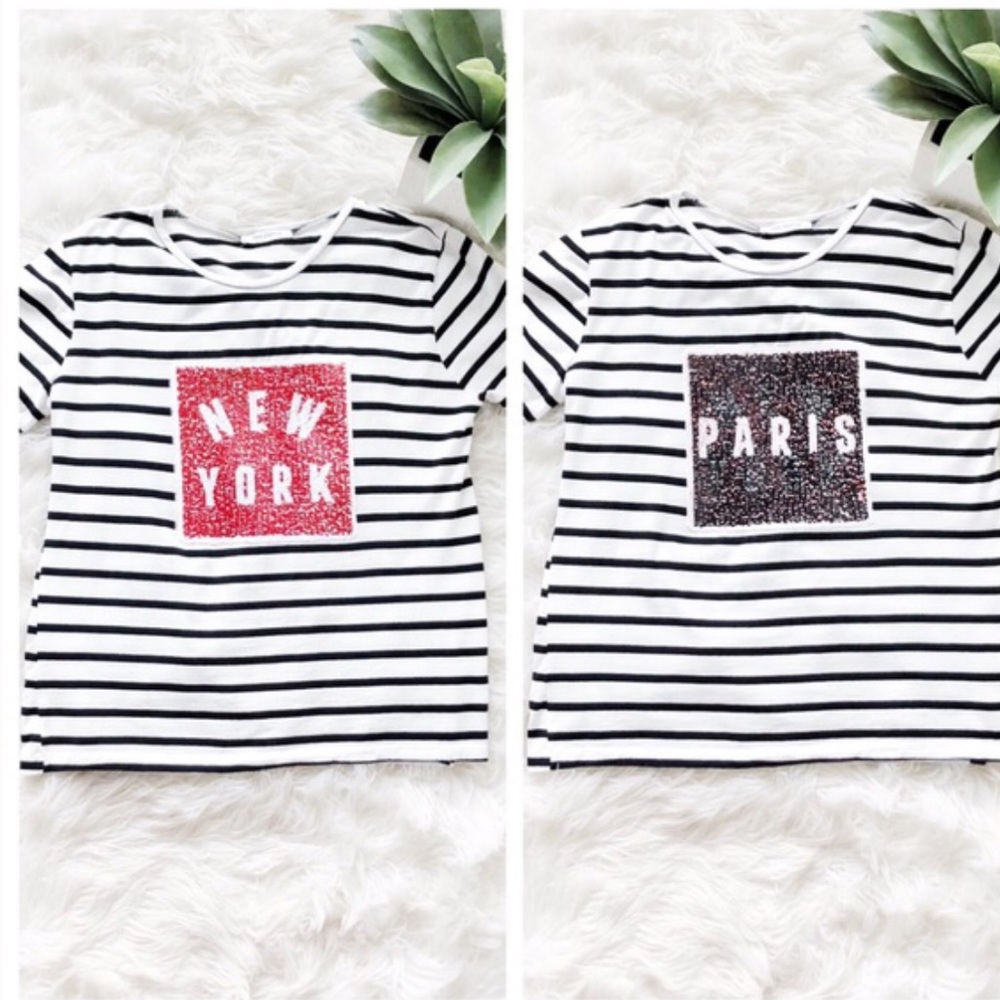 Zara Trafaluc Striped Reversible Flip Sequin New York / Paris Tee, Size S